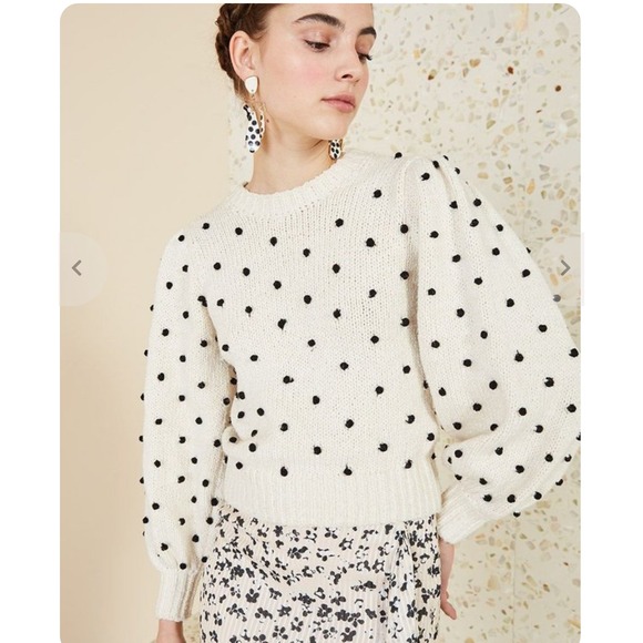 Sweaters - ULLA JOHNSON Womens Adalene Cream Black Pom Pom Puff Sleeve Cotton Sweater Sz M